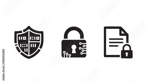 A set of three black icons representing cybersecurity, data protection, and secure files.