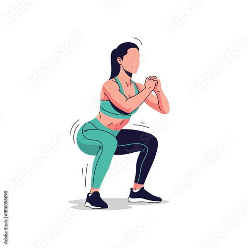 Squat woman exercising in athletic outfit performing fitness squat pose, isolated on clean white background, healthy lifestyle workout illustration