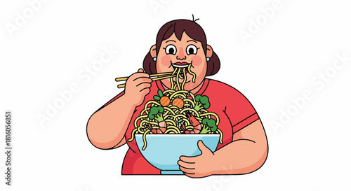 Woman Enjoying a Large Bowl of Noodles with Vegetables
