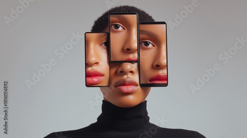 Black woman with fragmented digital identity, multiple smartphones displaying her face, creating a unique visual narrative about technology and self-perception with copy space