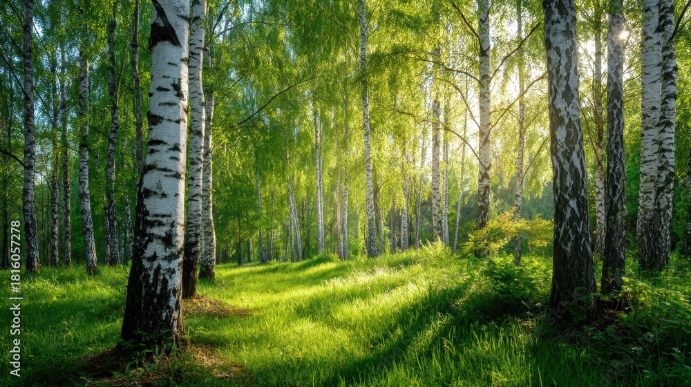 Obraz premium Sun shines through fresh green leaves of birch grove, illuminating bright spring forest or park. Woodland landscape for nature and ecology concept.
