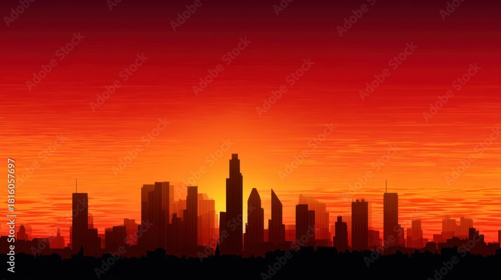Obraz premium City skyline silhouette against a vibrant orange and red sunset sky. Modern architecture panorama for urban development and business concept.