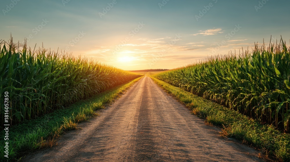 Naklejka premium Dirt road through a cornfield at sunset. Agriculture landscape with a path leading into the horizon. Golden hour countryside.