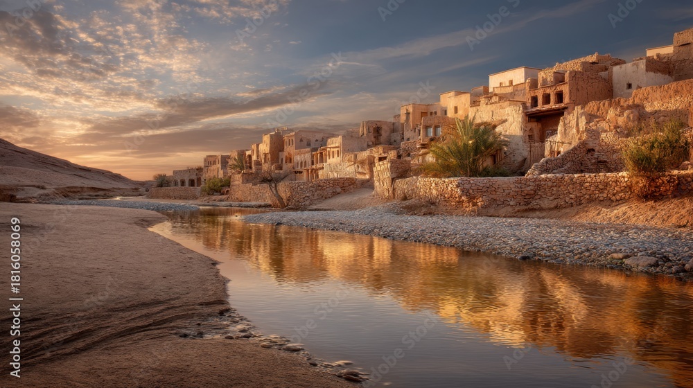 Fototapeta premium Ancient desert village at golden hour with a flowing river beside. Traditional stone architecture reflects in water under a dramatic sky.