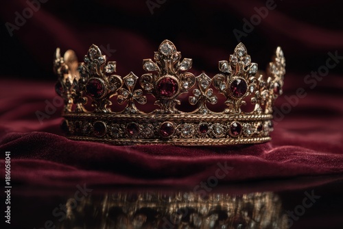 Ornate gold crown with rubies on rich burgundy velvet
