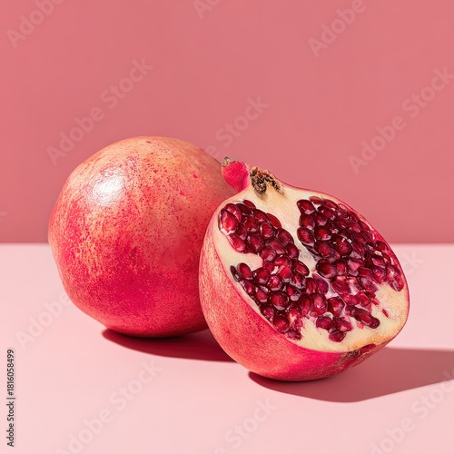 Two pomegranates, one whole and one halved, on a pink surface