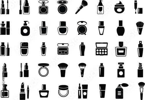 Large Set of Beauty and Cosmetic Product Glyph Silhouette Icons .