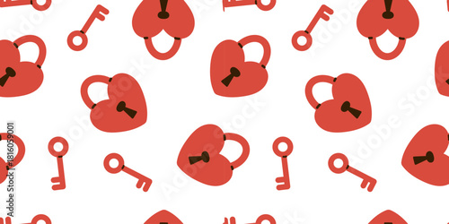 Vector cute seamless pattern with heart shaped locks and vintage keys on white background. Romantic print for Valentines Day, wrapping paper, wedding, textile, greeting card, decor in flat style.