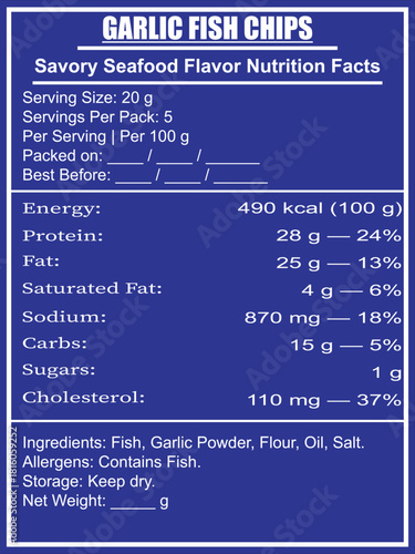 Garlic Fish Chips Nutrition Facts Label snack seafood