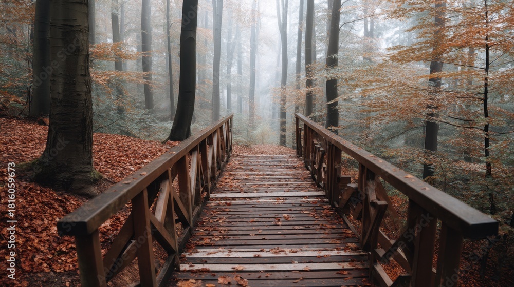 Fototapeta premium Wooden bridge in a foggy autumn forest with fallen leaves. Ethereal nature scene for seasonal backdrop and environmental design. Spooky woods with mist.