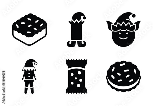 christmas elf cookie snack silhouette icon set collection with spiral and solid styles