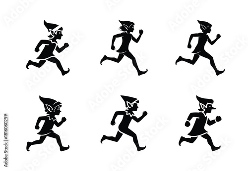 christmas elf busy run silhouette icon set collection with spiral and solid styles