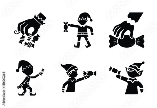 christmas elf candy grab silhouette icon set collection with spiral and solid styles