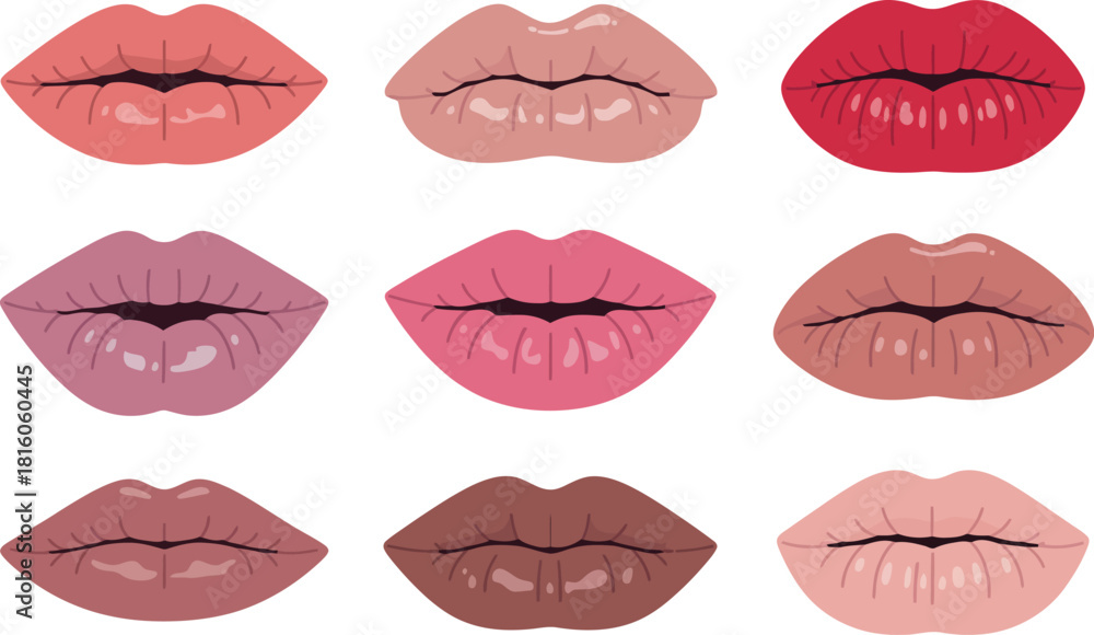 Obraz premium Set of Woman Colorful Lips Different Skin Tones Vector .
