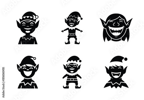 christmas elf laughing silhouette icon set collection with spiral and solid styles