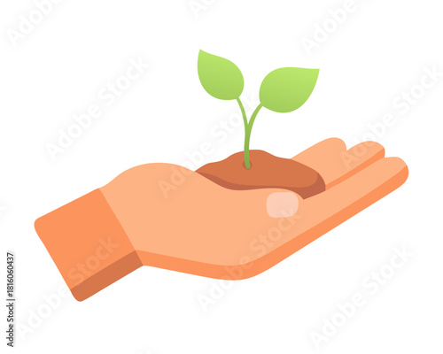 Hand holding a green sprout, symbolizing the growth and care for life and the environment
