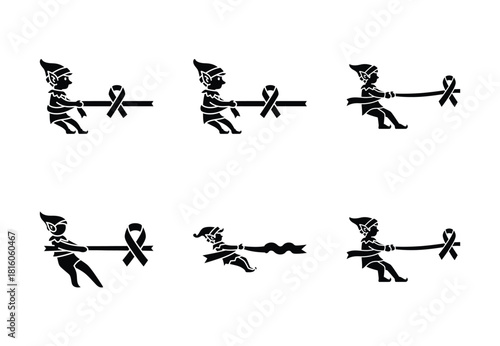 christmas elf ribbon tug silhouette icon set collection with spiral and solid styles