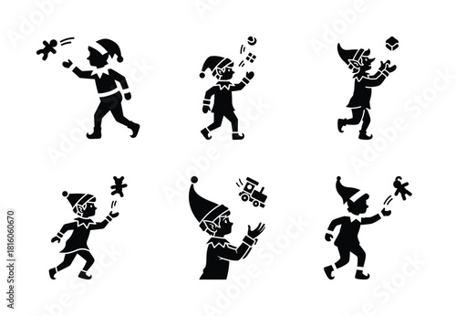 christmas elf toy toss silhouette icon set collection with spiral and solid styles