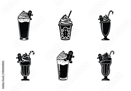 christmas gingerbread frost shake silhouette icon set collection with spiral and solid styles