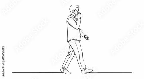 Man Walking and Talking on Phone in Line Art Style.