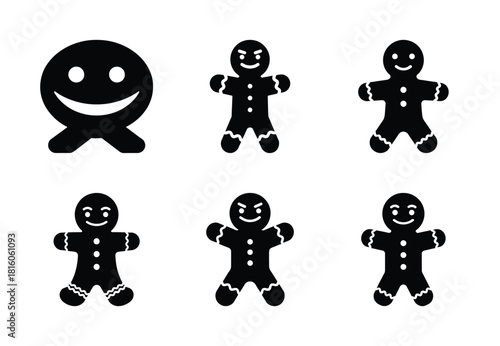 christmas gingerbread smirk silhouette icon set collection with spiral and solid styles