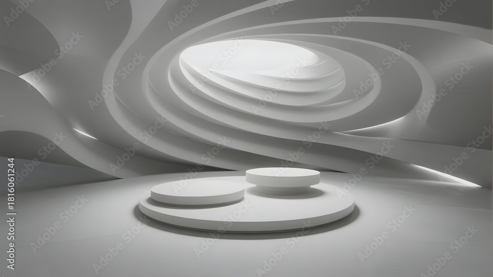 Obraz premium Abstract white architectural space with curved walls and circular platforms