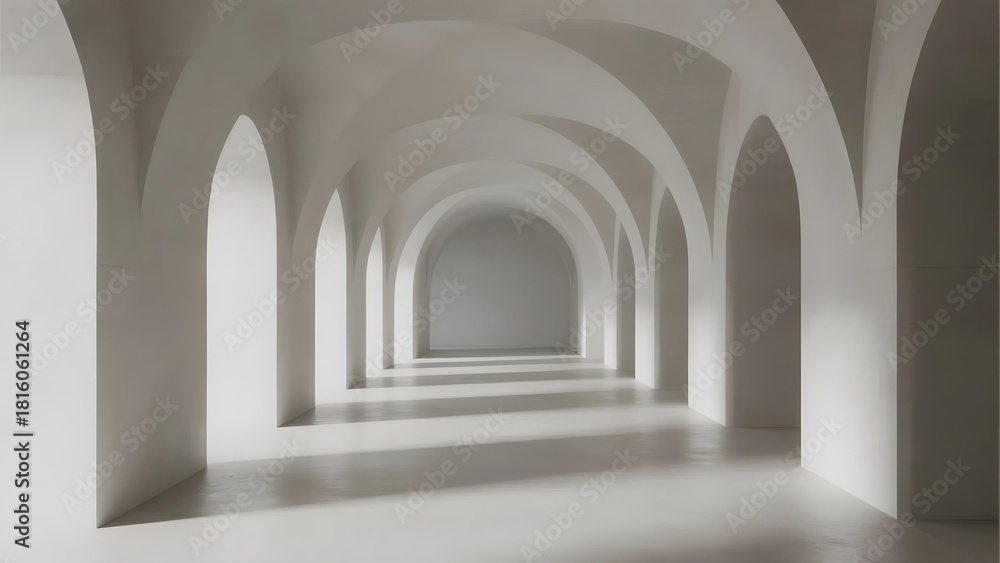 Fototapeta premium Long white arched corridor with symmetrical arches and soft lighting