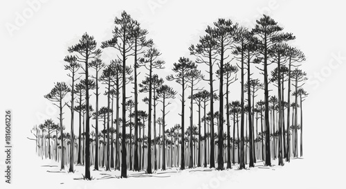 A dense forest of tall pine trees drawn in a sketch style.