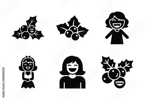 christmas holly berry giggle silhouette icon set collection with spiral and solid styles