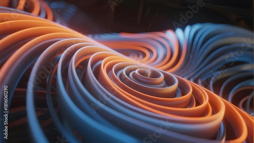 Abstract spiral structure with flowing orange and blue curves in a dynamic, illuminated design