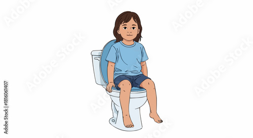 Young girl with brown hair sitting on a toilet illustration.
