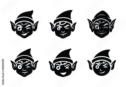 christmas naughty elf wink silhouette icon set collection with spiral and solid styles