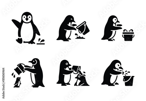 christmas penguin prank silhouette icon set collection with spiral and solid styles