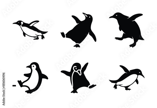 christmas penguin slip silhouette icon set collection with spiral and solid styles