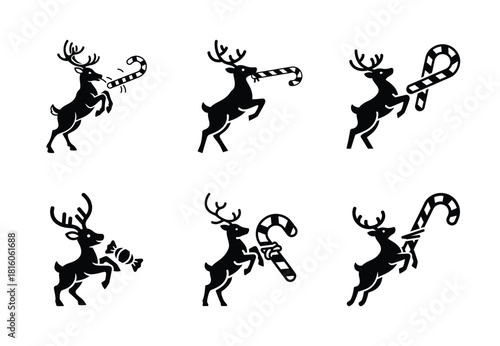 christmas reindeer candy steal silhouette icon set collection with spiral and solid styles
