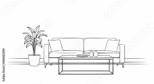 Elegant Living Room Sketch - Sofa, Coffee Table, and Potted Plant.