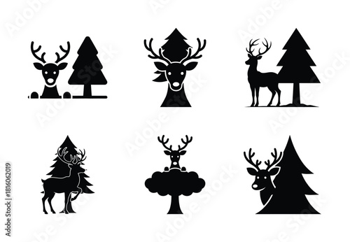 christmas reindeer tree peek silhouette icon set collection with spiral and solid styles