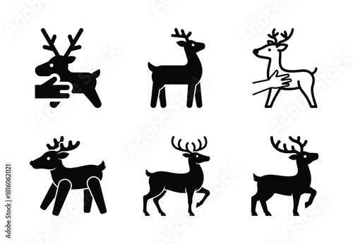christmas reindeer toy grab silhouette icon set collection with spiral and solid styles