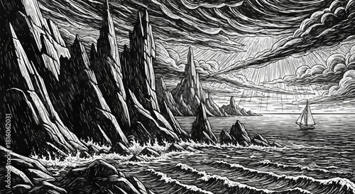 Dramatic coastal rock formations and sailing boat under a stormy sky.