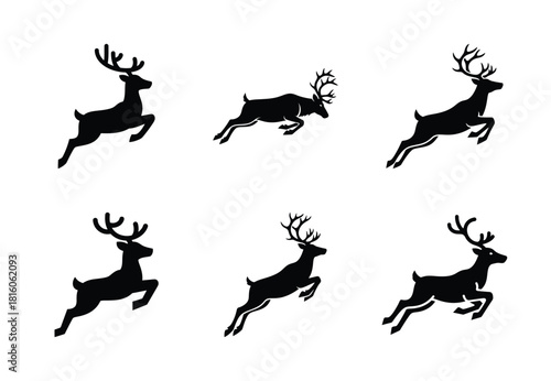 christmas reindeer zoom silhouette icon set collection with spiral and solid styles