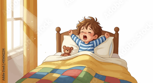 Young child waking up in bed with arms raised and yawning in the morning.