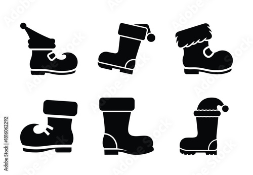 christmas santa boot wiggle silhouette icon set collection with spiral and solid styles