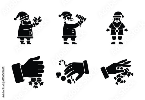 christmas santa candy grab silhouette icon set collection with spiral and solid styles