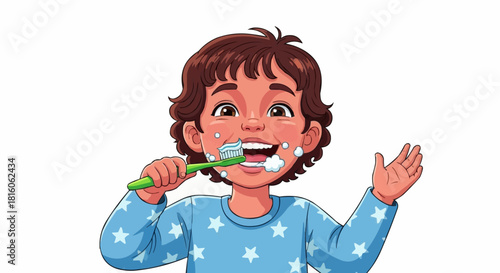 Happy Young Boy Brushing Teeth with Toothbrush and Toothpaste Foam.