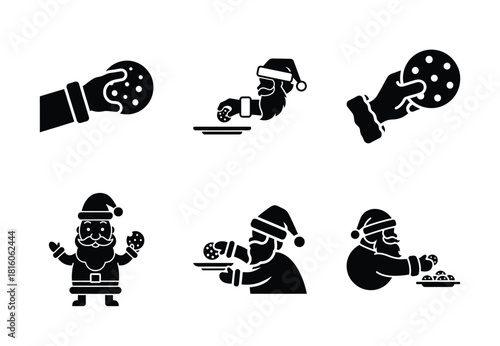 christmas santa cookie grab silhouette icon set collection with spiral and solid styles