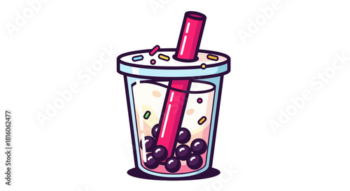 Vibrant and refreshing cartoon illustration of a delightful bubble tea drink, featuring classic tapioca pearls, a colorful straw, and fun sprinkles, perfect for any sweet beverage concept