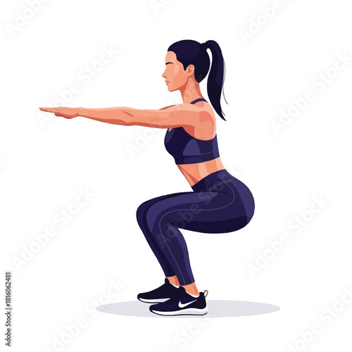 Squat woman athlete performing fitness squat with dynamic motion lines, active workout illustration on clean white background for sports and training themes