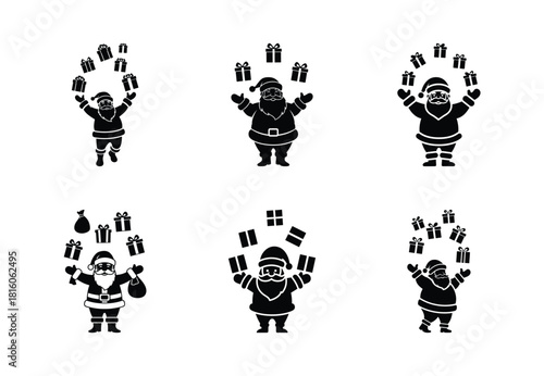 christmas santa gift juggle silhouette icon set collection with spiral and solid styles
