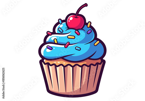 Delicious Blue Icing Cupcake with Cherry and Sprinkles, A Sweet Treat for Any Occasion