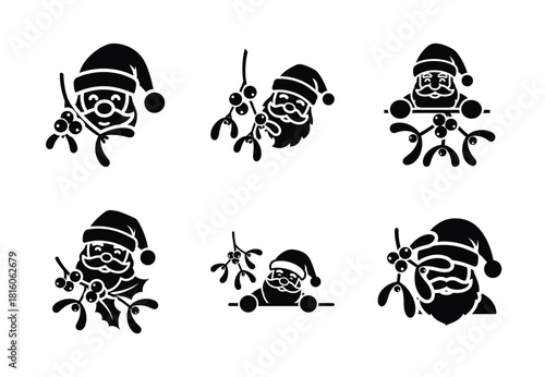 christmas santa mistletoe peek silhouette icon set collection with spiral and solid styles